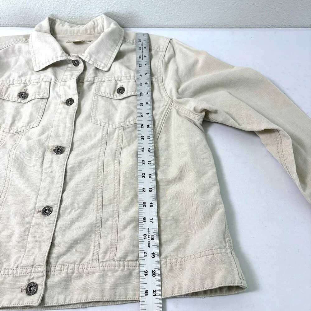 LL Bean‎ Utility Jacket Womens M Reg Tan Linen Blend Pockets Button Front